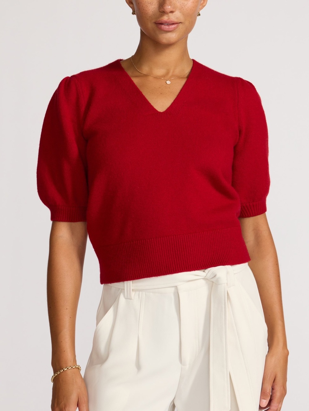 Brochu Walker Havana Sweater Puff Sleeve Cotton Wool V-Neck Sweater Crimson Red